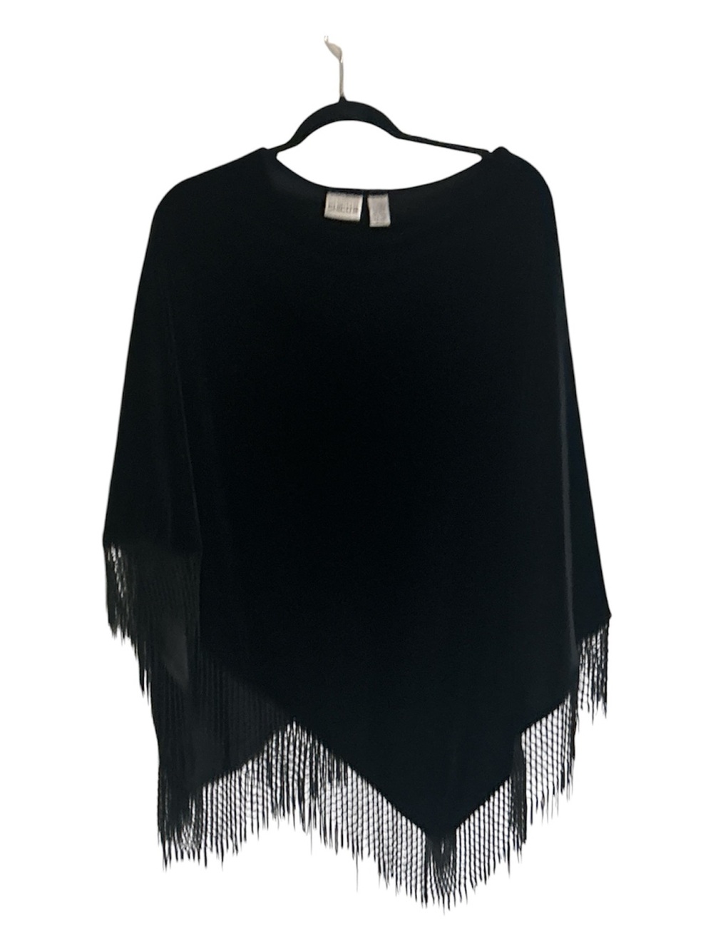 Chico’s Black Velvet Fringe Poncho Cape Ruana One Size Boho Evening Glam